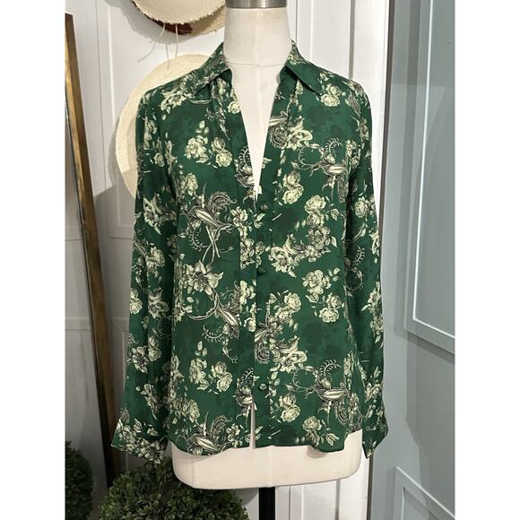 ALICE + OLIVIA ELOISE BUTTON-UP SILK BLOUSE CENTRAL PARK GREEN MULTI SIZE XS - Picture 9 of 9